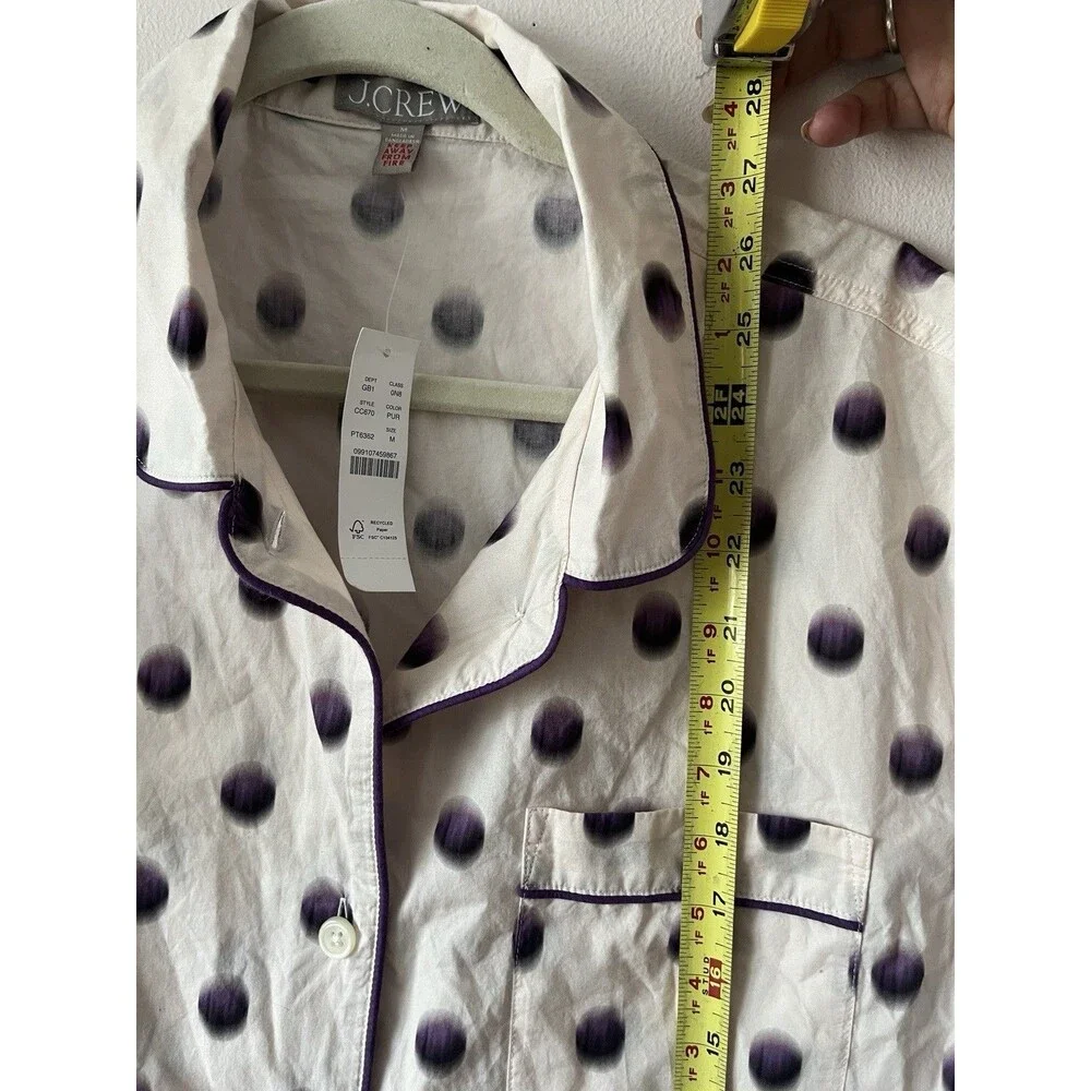 J.Crew Cotton Pajama Top Purple Polka Dot Piped Sleep Shirt Women’s M NWT